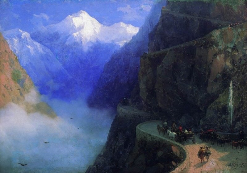 Ivan Aivazovsky, The Road from Mleta to Gudauri: a carriage on a cliff road above a fog-filled Caucasus gorge, snow peaks beyond