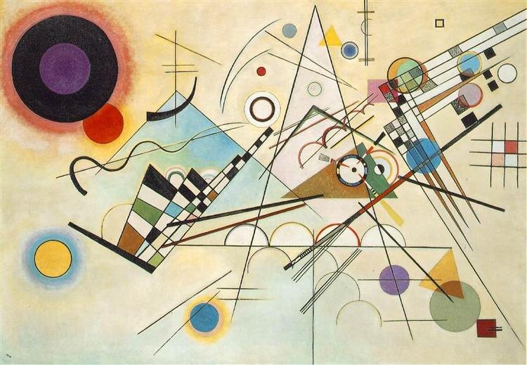 Wassily Kandinsky, Composition VIII: circles, triangles and straight lines in primary colours on a pale ground