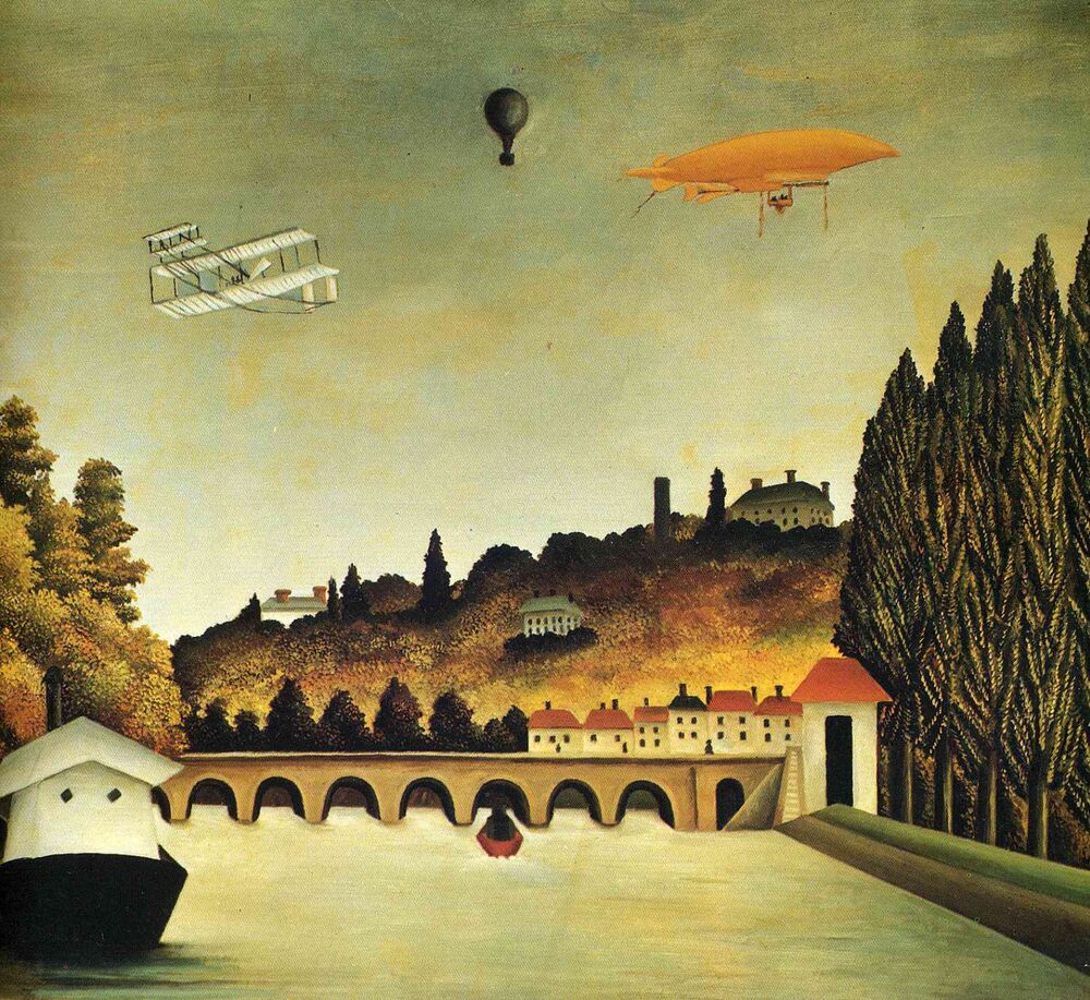 Henri Rousseau, A View of the Bridge at Sevres: a stone bridge over a river with a balloon, an airship and a biplane in the sky