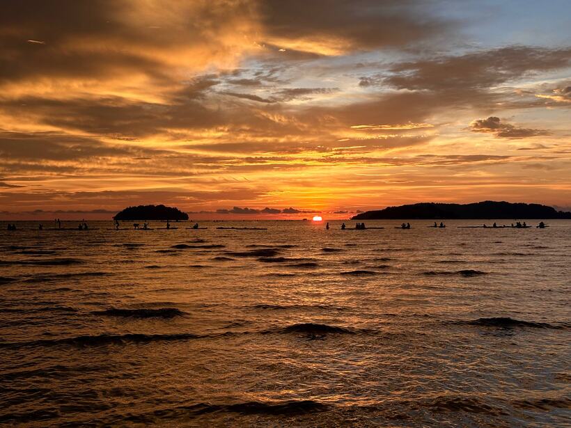 The sun touching the horizon in a golden sky, rows of paddleboarders in silhouette on the water