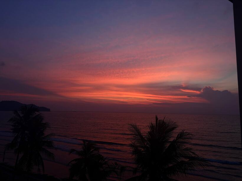 A deep red and pink sunset over water, framed by palm trees in silhouette